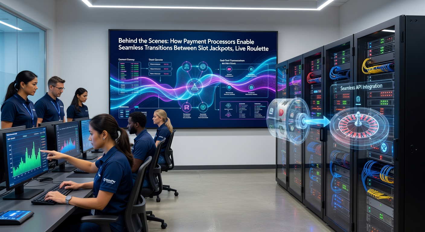 Close-up of server racks and digital payment interfaces connecting casino game modules