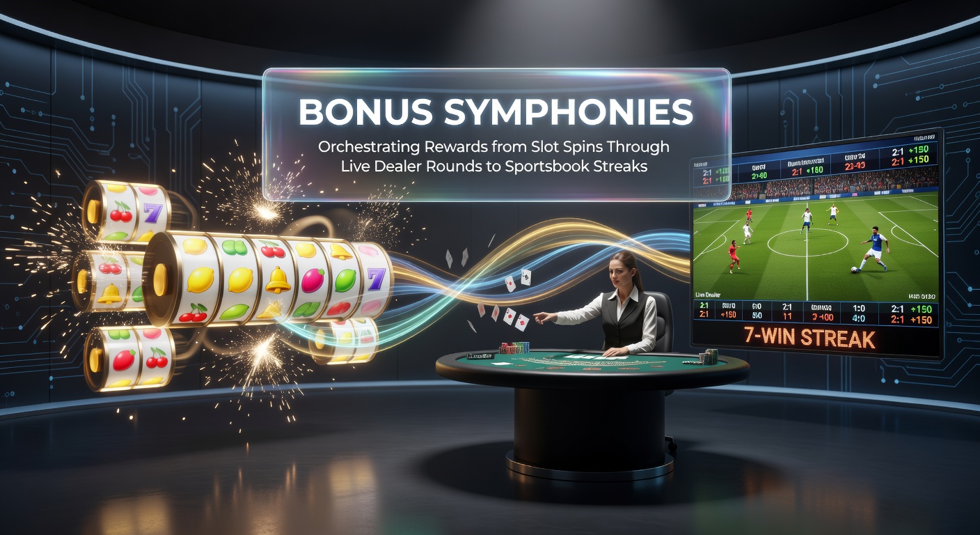 Vibrant digital illustration of interconnected slot reels, live dealer tables, and sportsbook odds boards forming a symphony of glowing bonus trails
