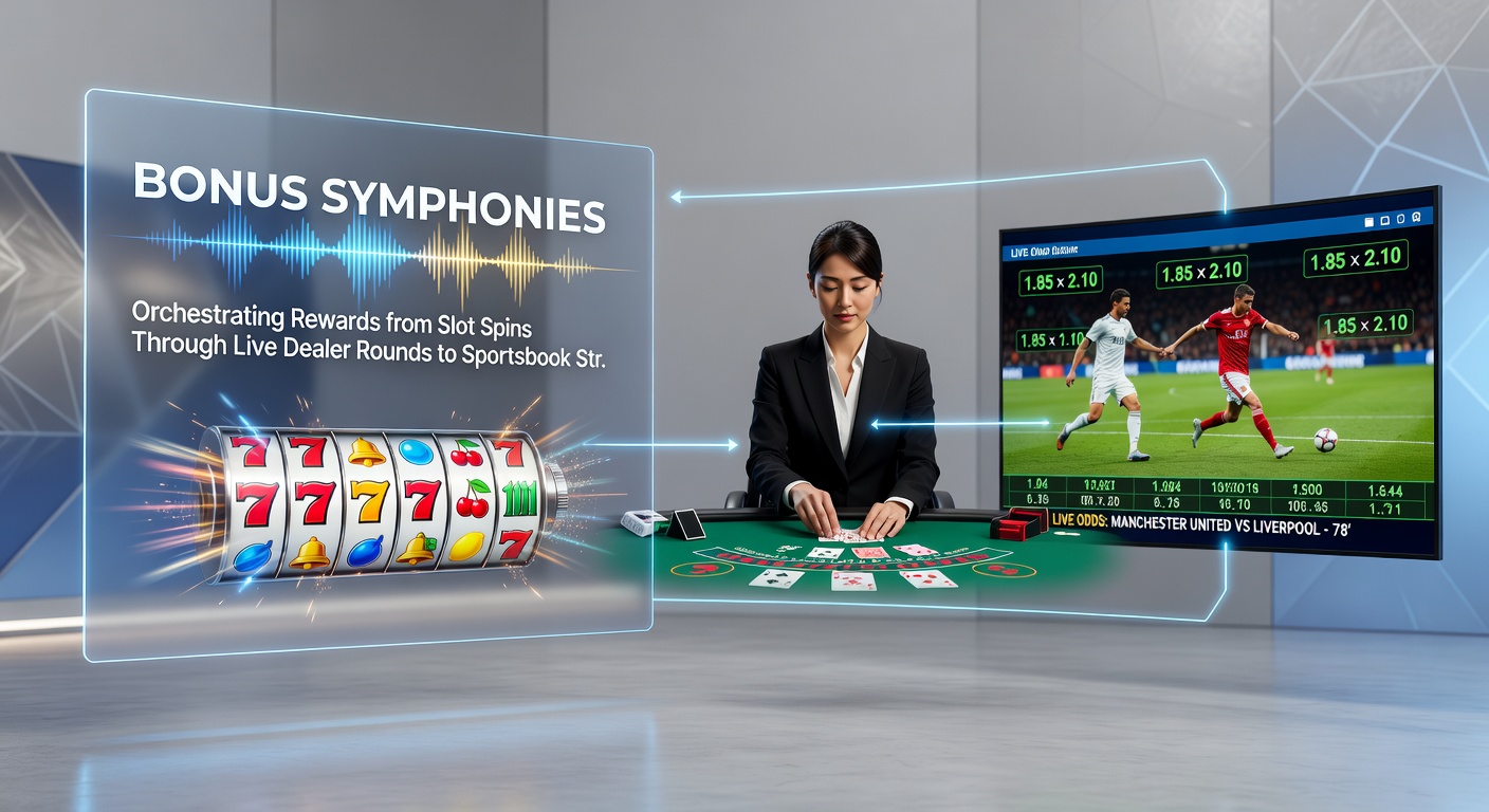 Dynamic scene of a live dealer spinning a roulette wheel while slot icons and sportsbook graphs pulse in the background, symbolizing bonus flow