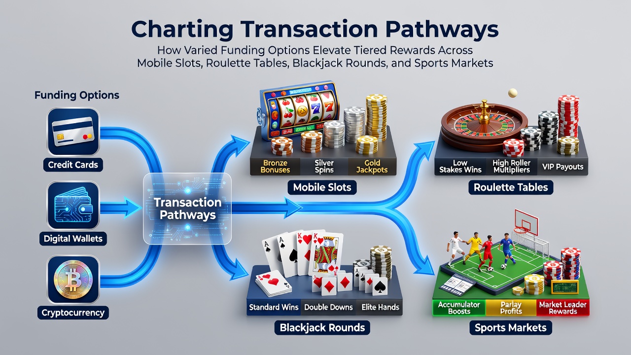 Mobile device displaying transaction pathways linking funding options to tiered rewards in slots, roulette, blackjack, and sports markets