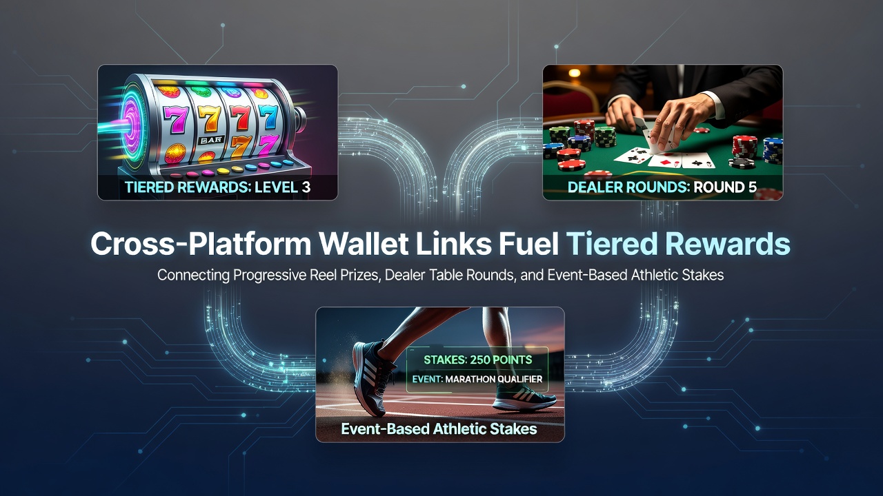 Cross-platform wallet dashboard showing connected slot, live dealer, and sports betting accounts with reward tiers displayed