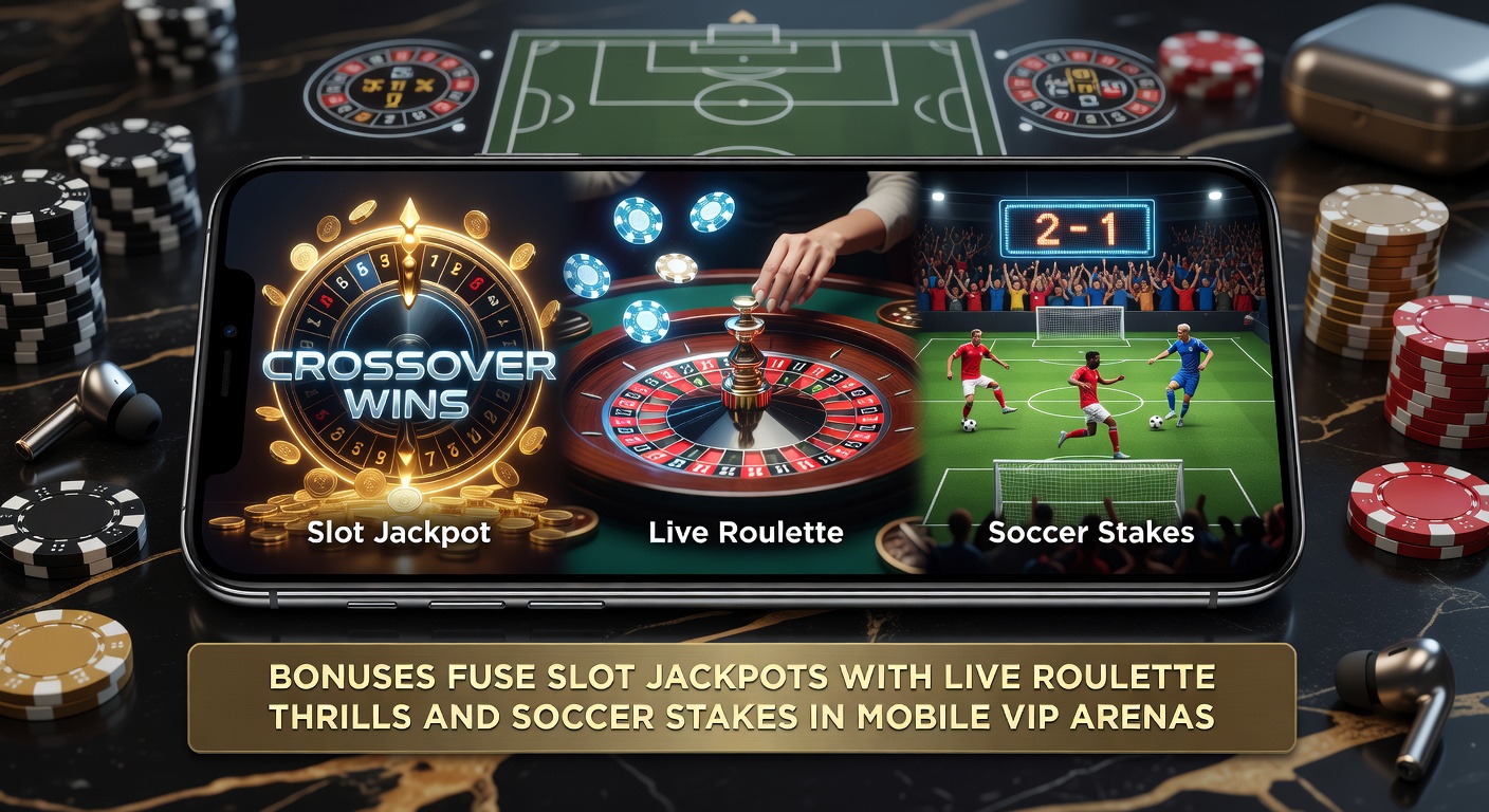 Vibrant mobile screen showing slot reels spinning alongside a live roulette wheel and soccer match highlights, with bonus multipliers glowing in a VIP interface