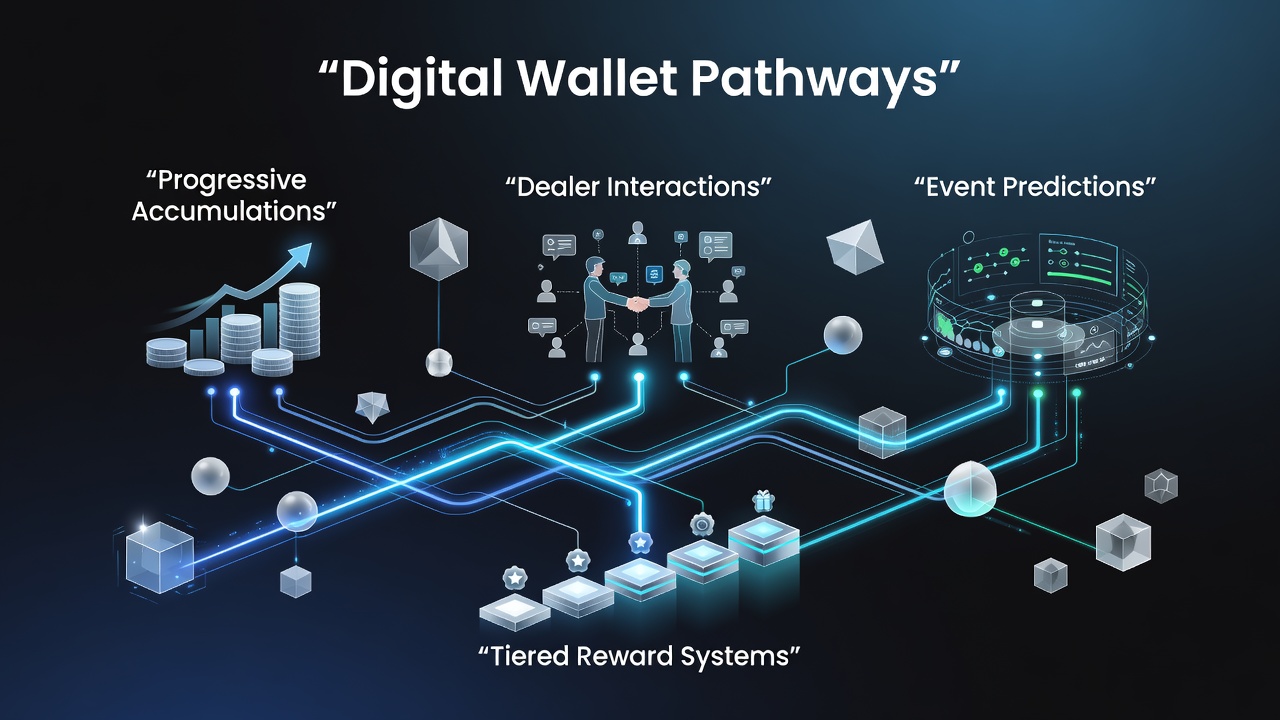 Digital wallet interface showing connections between progressive jackpots, live dealer tables, and event prediction tools in a tiered rewards dashboard