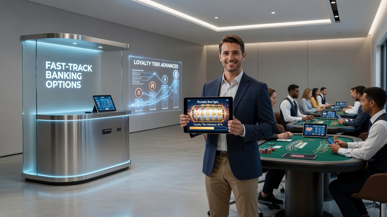 Live dealer table view with integrated banking panel and loyalty tier progress bar visible on screen