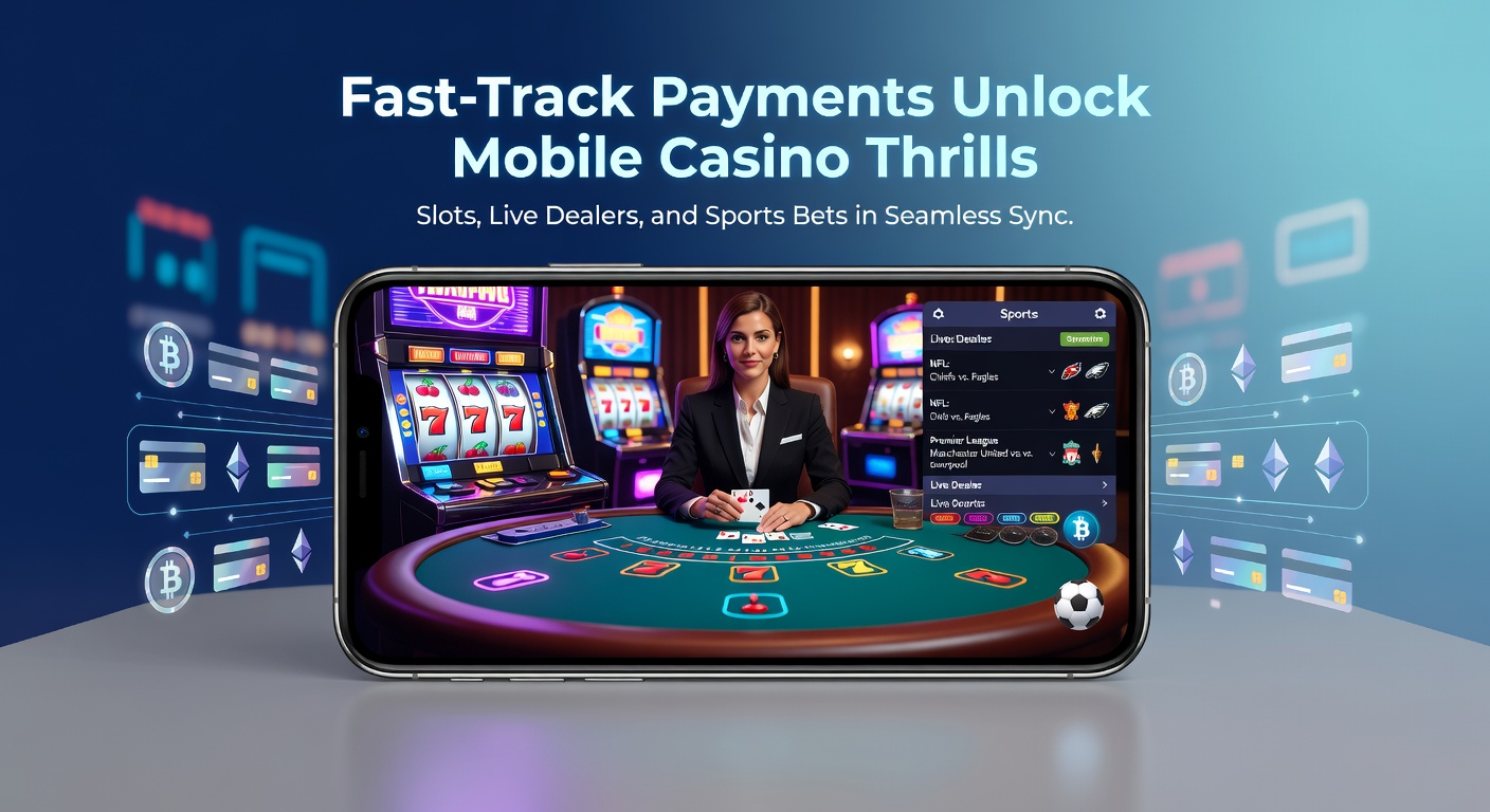 Smartphone screen displaying instant payment confirmation in a vibrant mobile casino app, with slots reels spinning and a sports bet slip ready