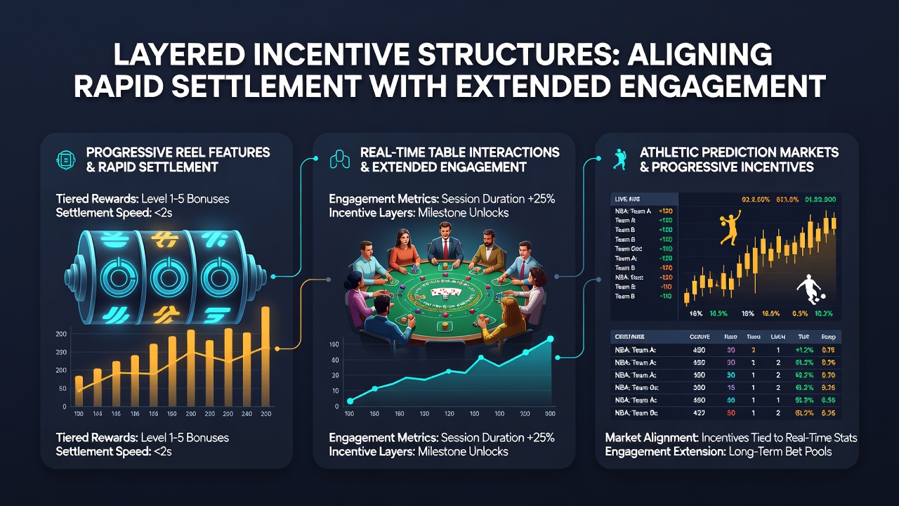 Layered incentive structures connecting progressive slots, live dealer tables, and sports prediction markets through rapid settlement systems