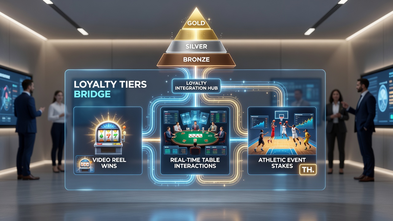 Portable device screen showing loyalty tier progression bridging sports wagers with live table play and reel bonuses