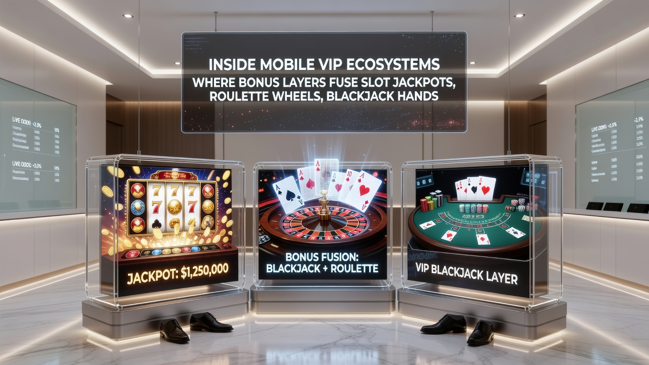 Dashboard view showing stacked bonuses across slots, live tables, and sports odds on a mobile screen