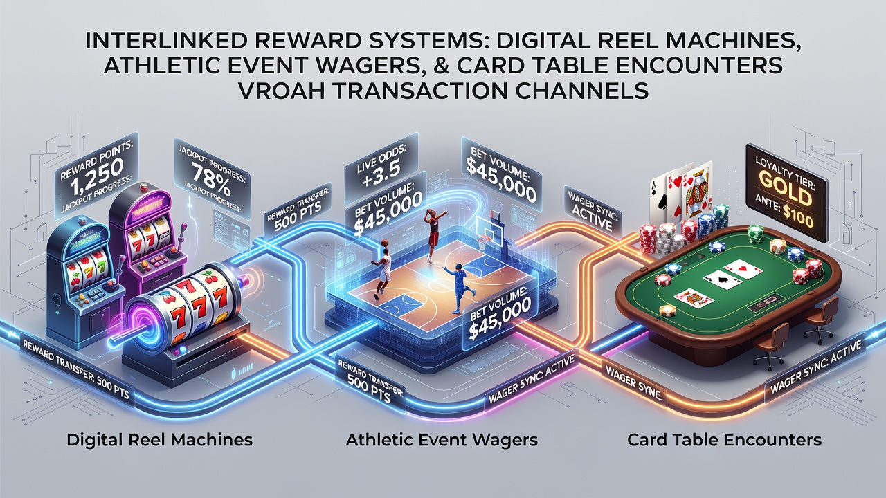 Digital interface showing interconnected reward systems across slots, sports betting, and table games via transaction channels