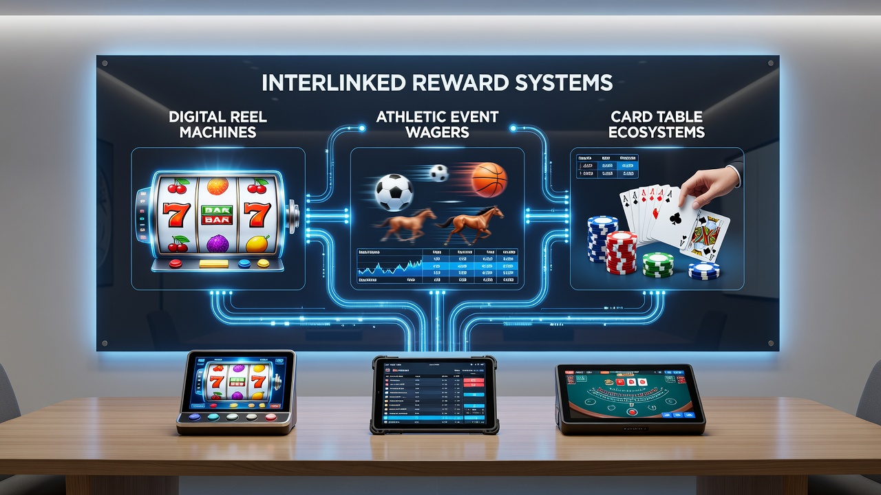 Mobile app screen displaying linked bonuses between slot jackpots, live sports wagers, and table game sessions