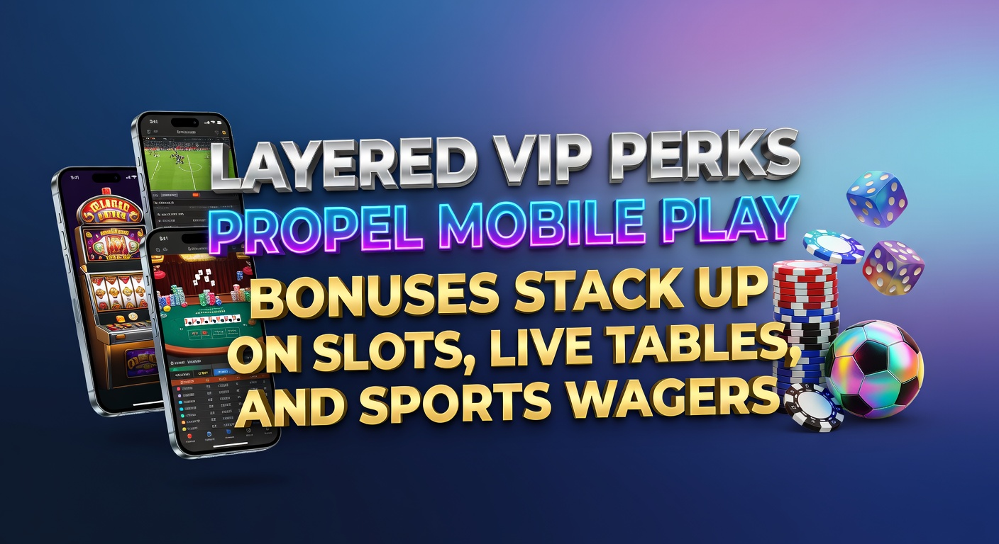 Mobile phone screen displaying stacked VIP bonuses on slots, live dealer tables, and sports betting odds, highlighting layered perks in action