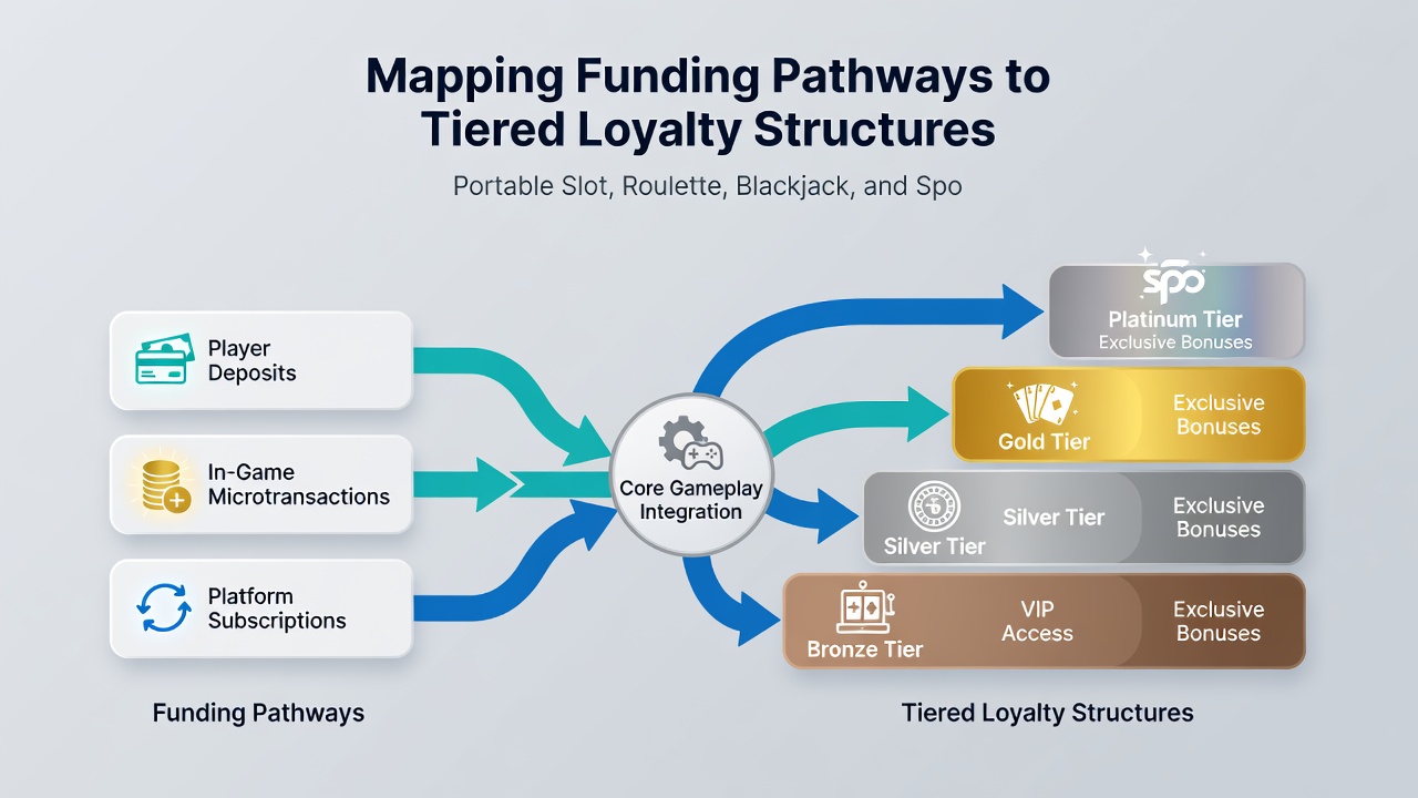 Infographic illustrating tier progression from entry level through elite rewards with examples from mobile slots, live tables, and sports bets