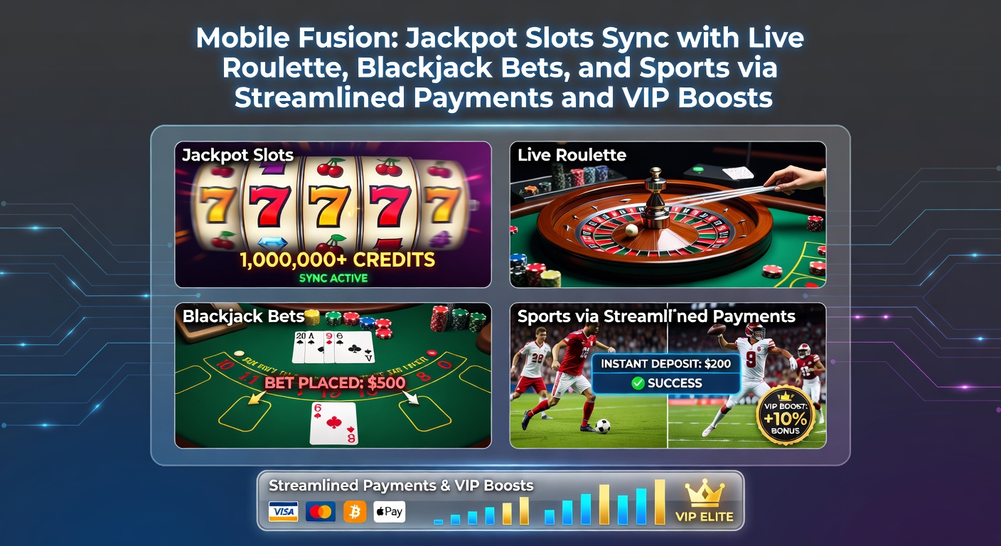 Smartphone screen displaying synced jackpot slots, live roulette table, blackjack hand, and sports betting odds with payment icons overlayed