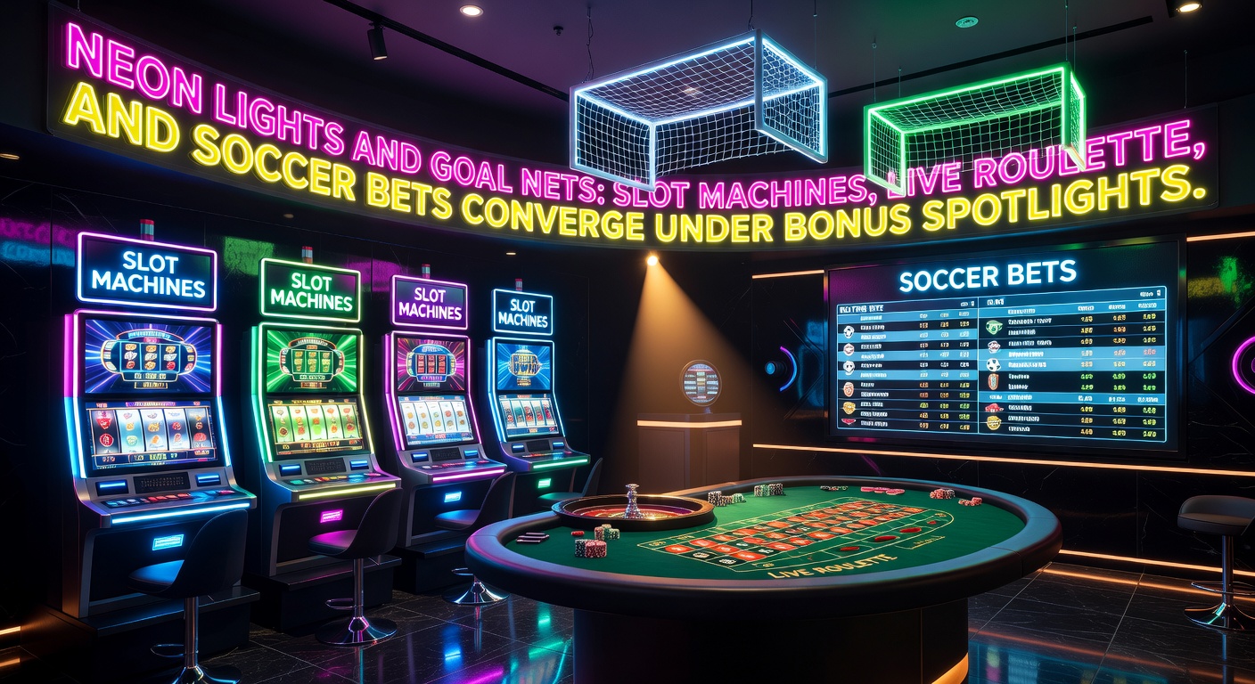 Vibrant neon-lit slot reels spinning alongside a soccer goal net and a glowing roulette wheel, symbolizing the fusion of casino games and sports betting under bonus highlights