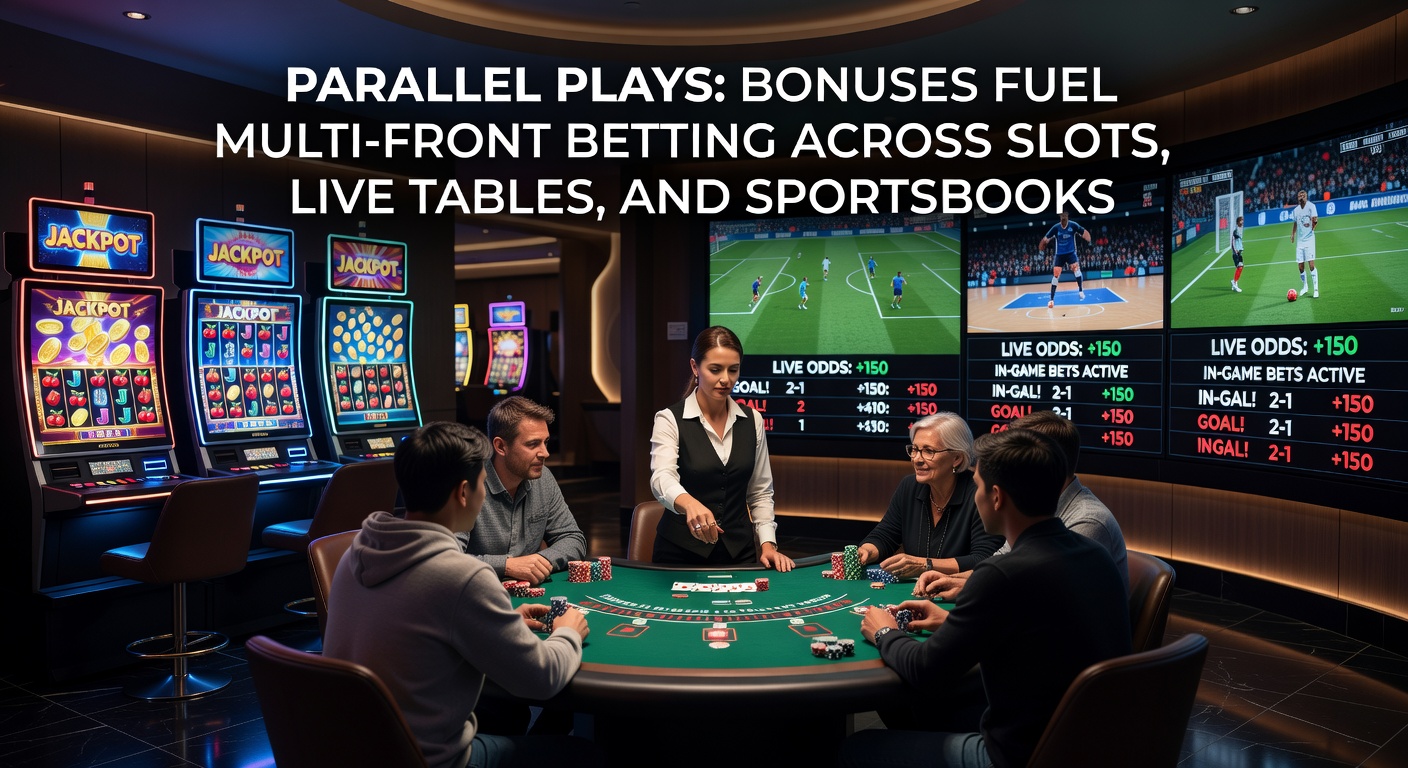Dynamic digital screens displaying slots, live dealer tables, and sportsbook odds, illustrating interconnected betting action fueled by bonus overlays
