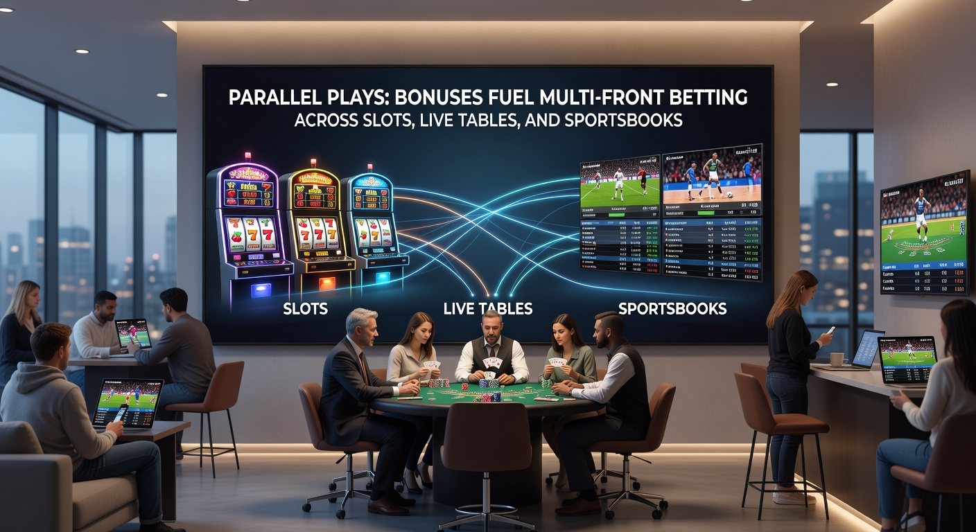 Close-up of a mobile app interface showing active bonuses overlaying slot reels, a live blackjack table, and live soccer odds, highlighting parallel betting integration