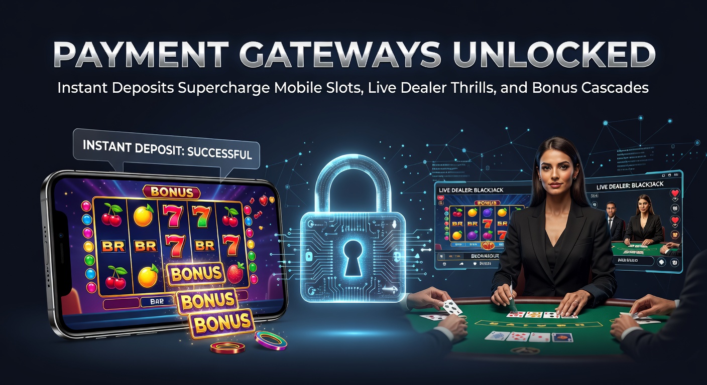 Vibrant digital payment gateway interface showing instant deposit flows into colorful mobile slot games and live dealer tables