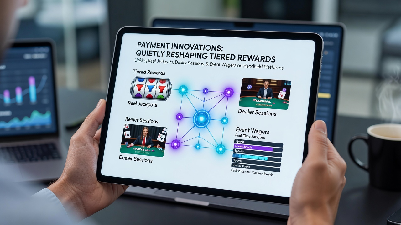 Mobile screen showing integrated payment interface linking slot jackpots, live dealer tables, and sports event wagers with tiered reward indicators