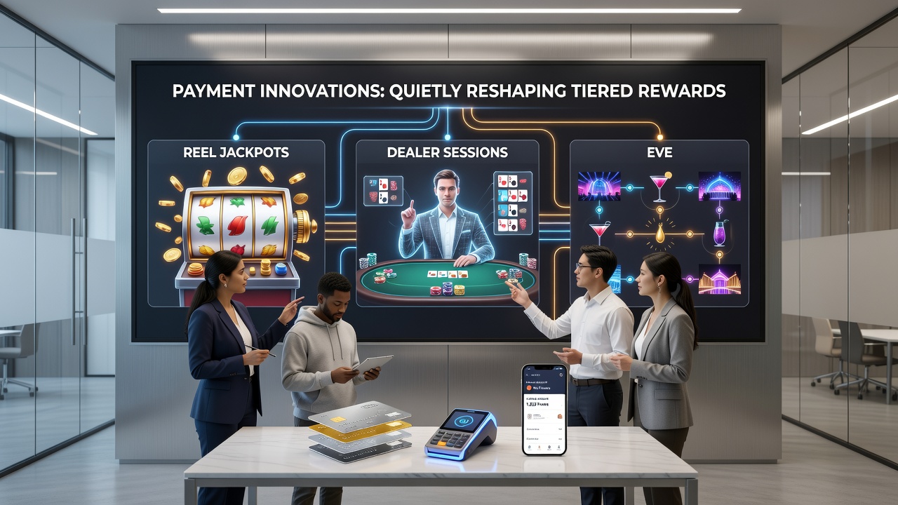 Close-up of smartphone displaying stacked reward tiers connecting jackpot counters, live dealer interfaces, and live sports betting odds