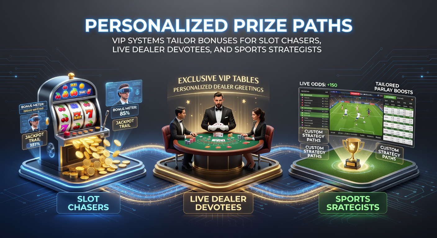 Vibrant digital display showing customized VIP bonus paths branching for slots, live dealers, and sports betting on a mobile screen