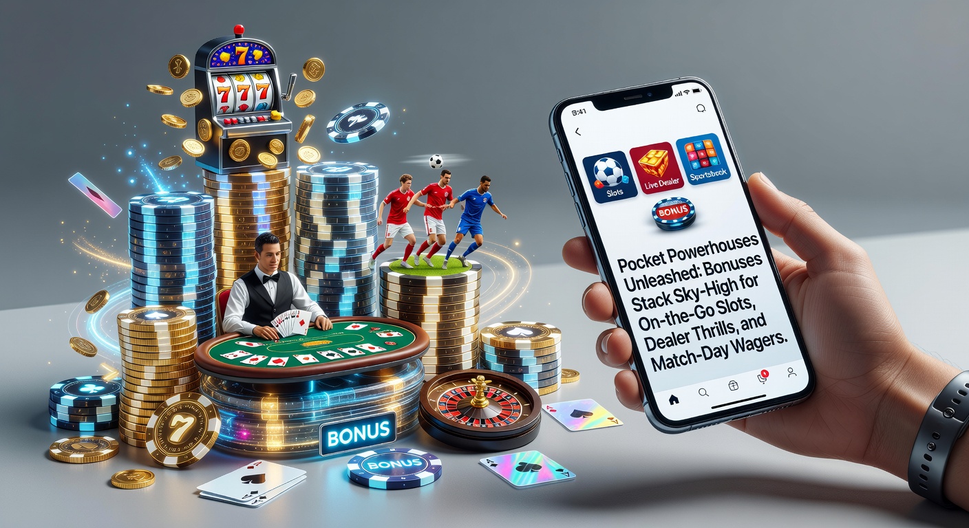 Mobile phone displaying stacked casino bonuses on slots, live dealer tables, and sports betting odds during a match