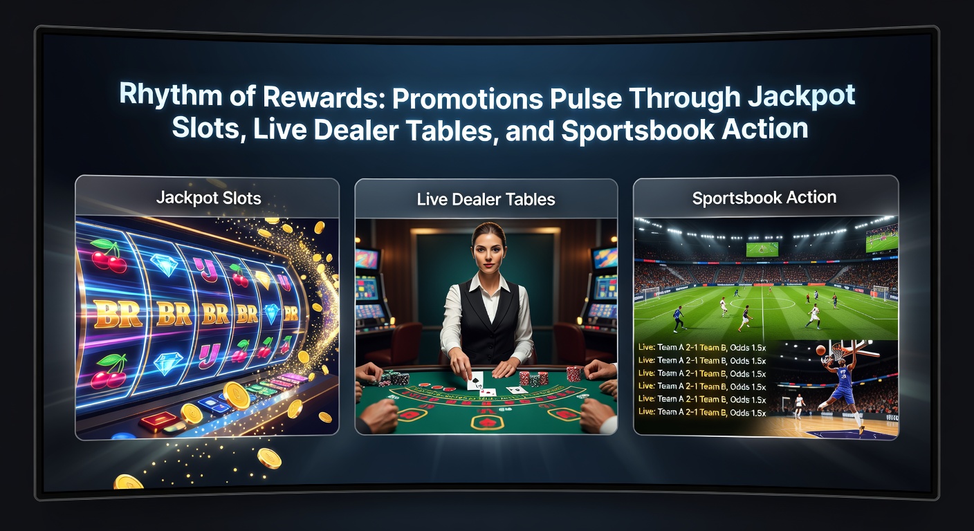 Dynamic graphic showing interconnected promotions flowing between slot machines, live dealer tables, and sportsbook interfaces, wth pulsing reward icons linking the elements