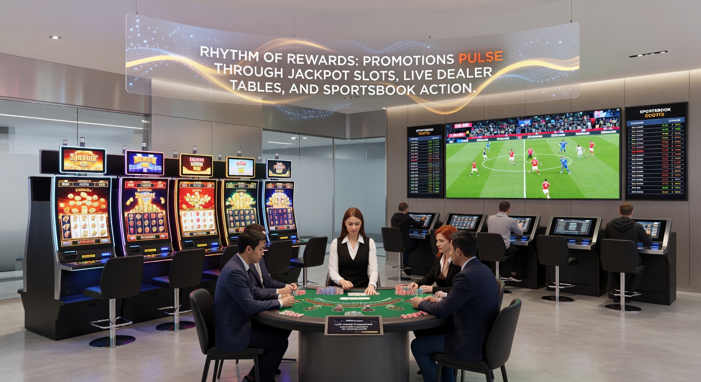 Vibrant scene of a live dealer at a blackjack table with overlaid digital promotions linking to slot jackpots and sportsbook odds, capturing the synchronized reward flow
