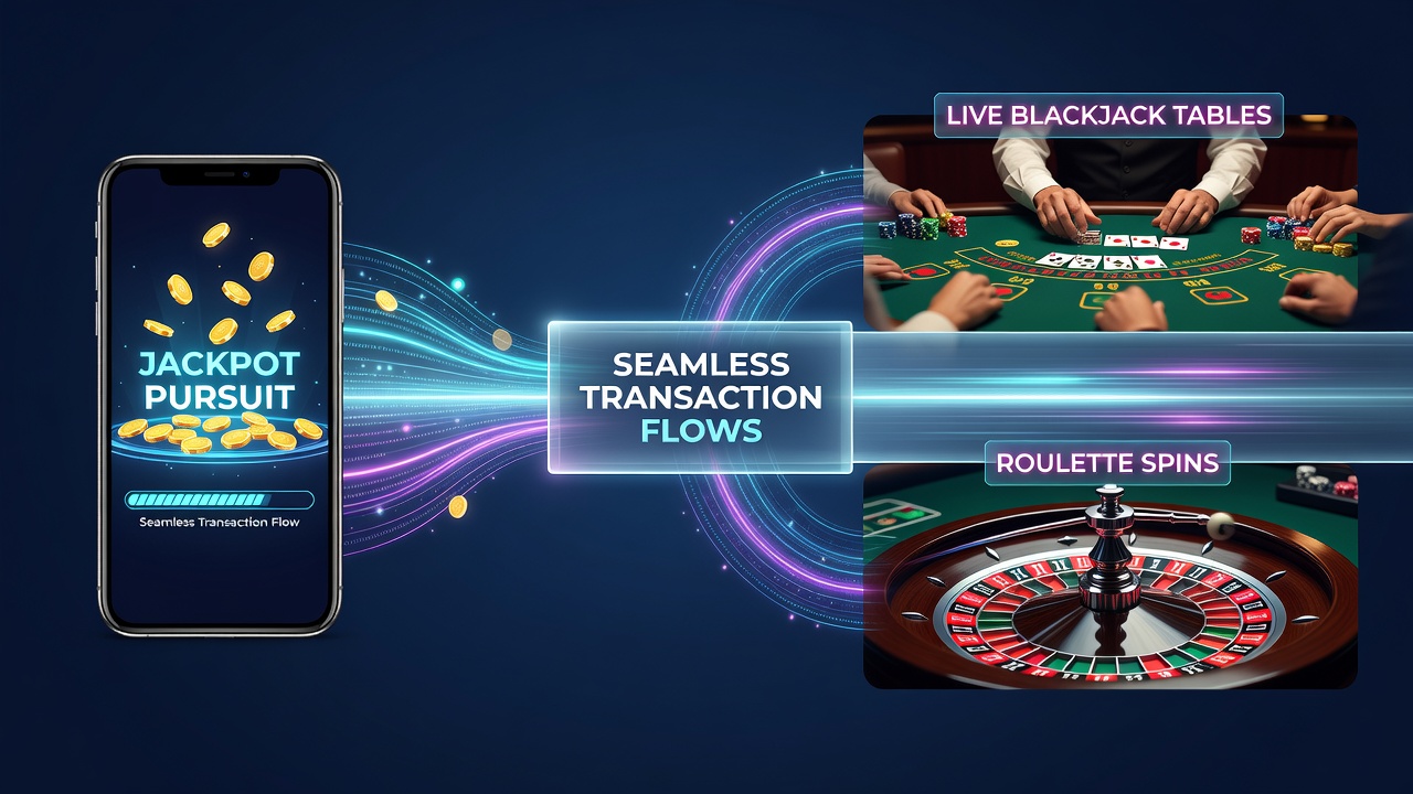 Illustration of connected gaming ecosystem showing slot jackpots flowing into live roulette, blackjack, and sports betting interfaces with reward overlays