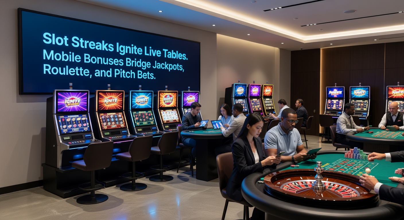 Mobile phone screen showing a slot streak bonus unlocking live roulette and soccer betting options, with jackpot meters and pitch odds visible