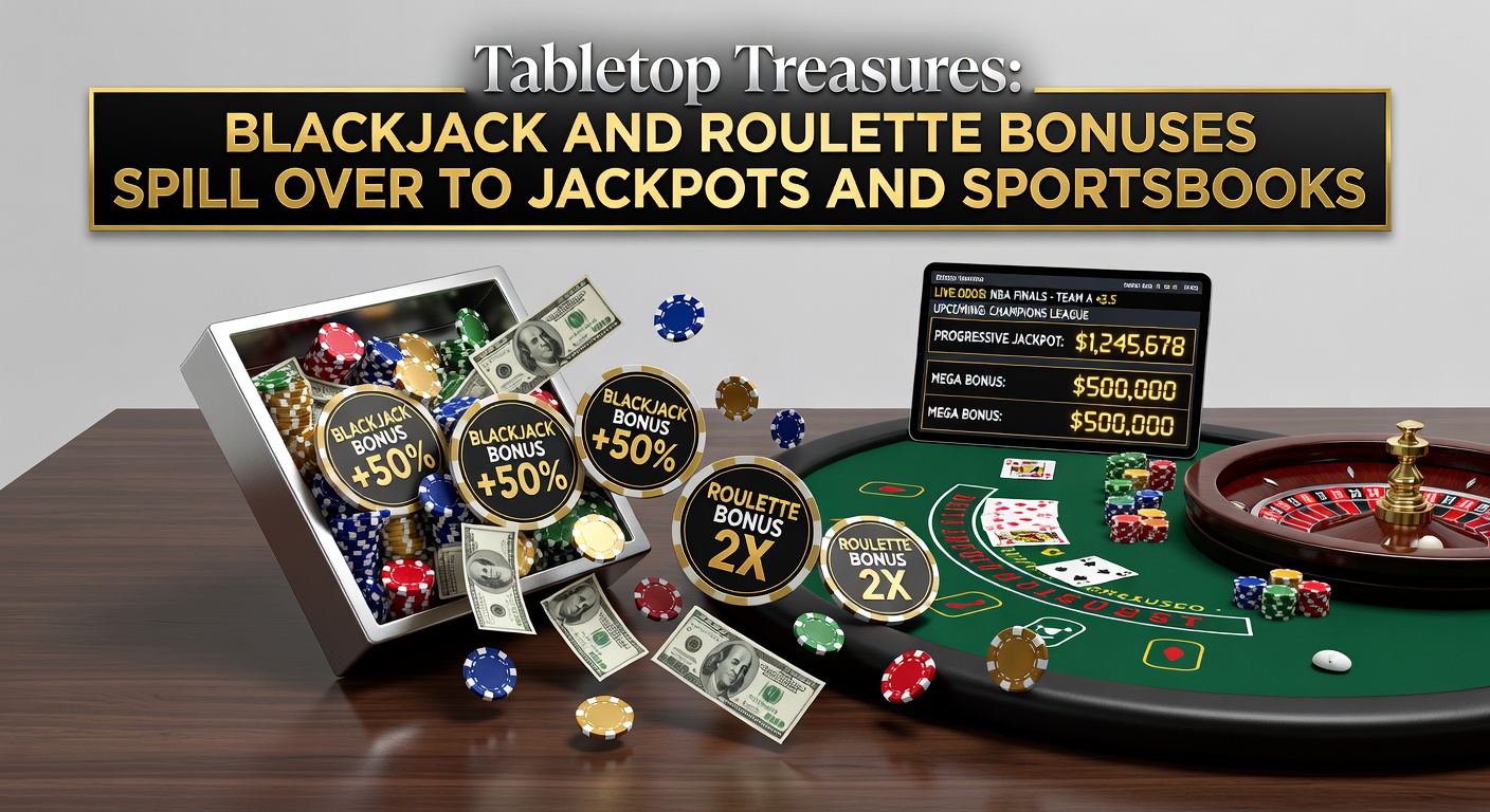 Vibrant casino table with blackjack chips and roulette wheel, symbols of bonuses extending to slots and sports betting interfaces