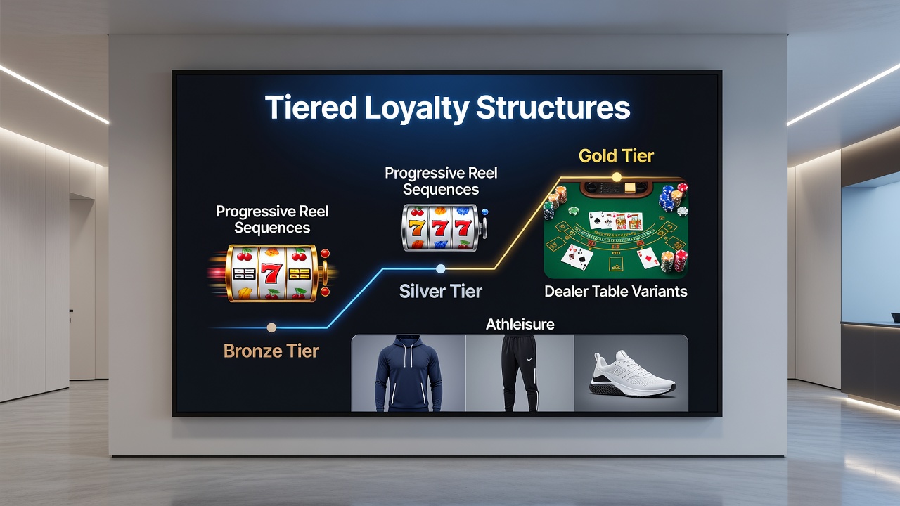 Diagram showing loyalty tier progression linking slots, live tables, sports betting, and diverse payment methods