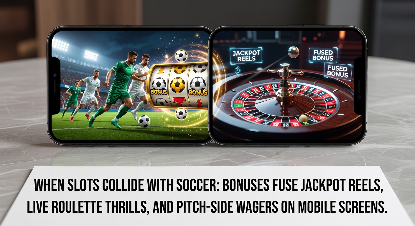 Vibrant mobile screen showing soccer match overlay with spinning slot reels and roulette wheel in the background, highlighting fused bonuses